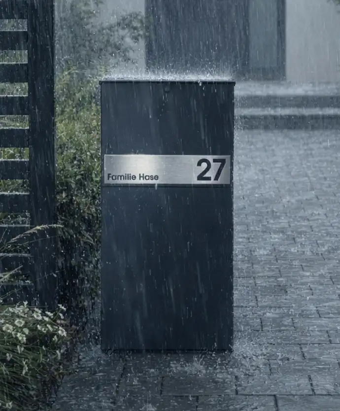 Witterungsbeständige Paketbox KNOBLOCH PRO im Hauseingang bei Regen