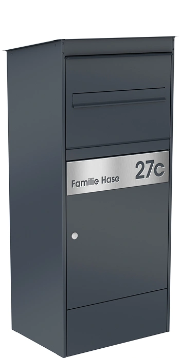 Paketbox JASPER XL in Anthrazit und Beschriftung von KNOBLOCH