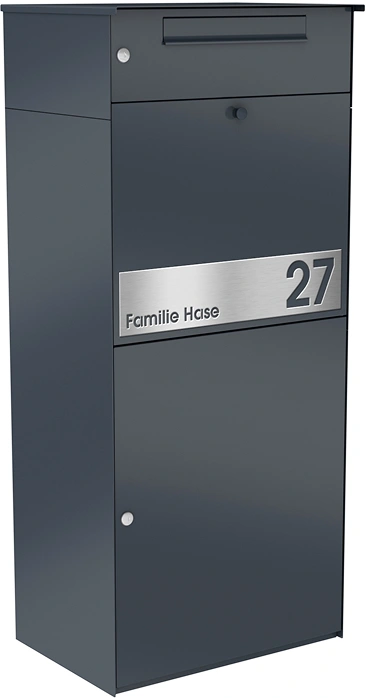 Paketbox KNOBOX PRO mit Briefkasten in Anthrazit und Beschriftung von KNOBLOCH