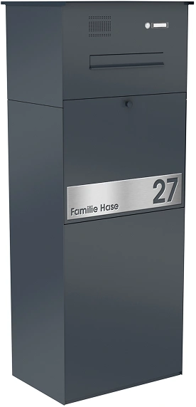 Paketbox KNOBOX PRO mit Briefkasten und Klingel in Anthrazit und Beschriftung von KNOBLOCH