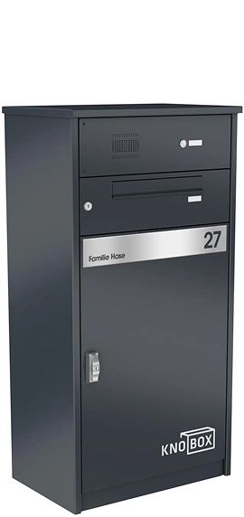 Paketbox KNOBOX mit Briefkasten und Klingel in Anthrazit und Beschriftung von KNOBLOCH