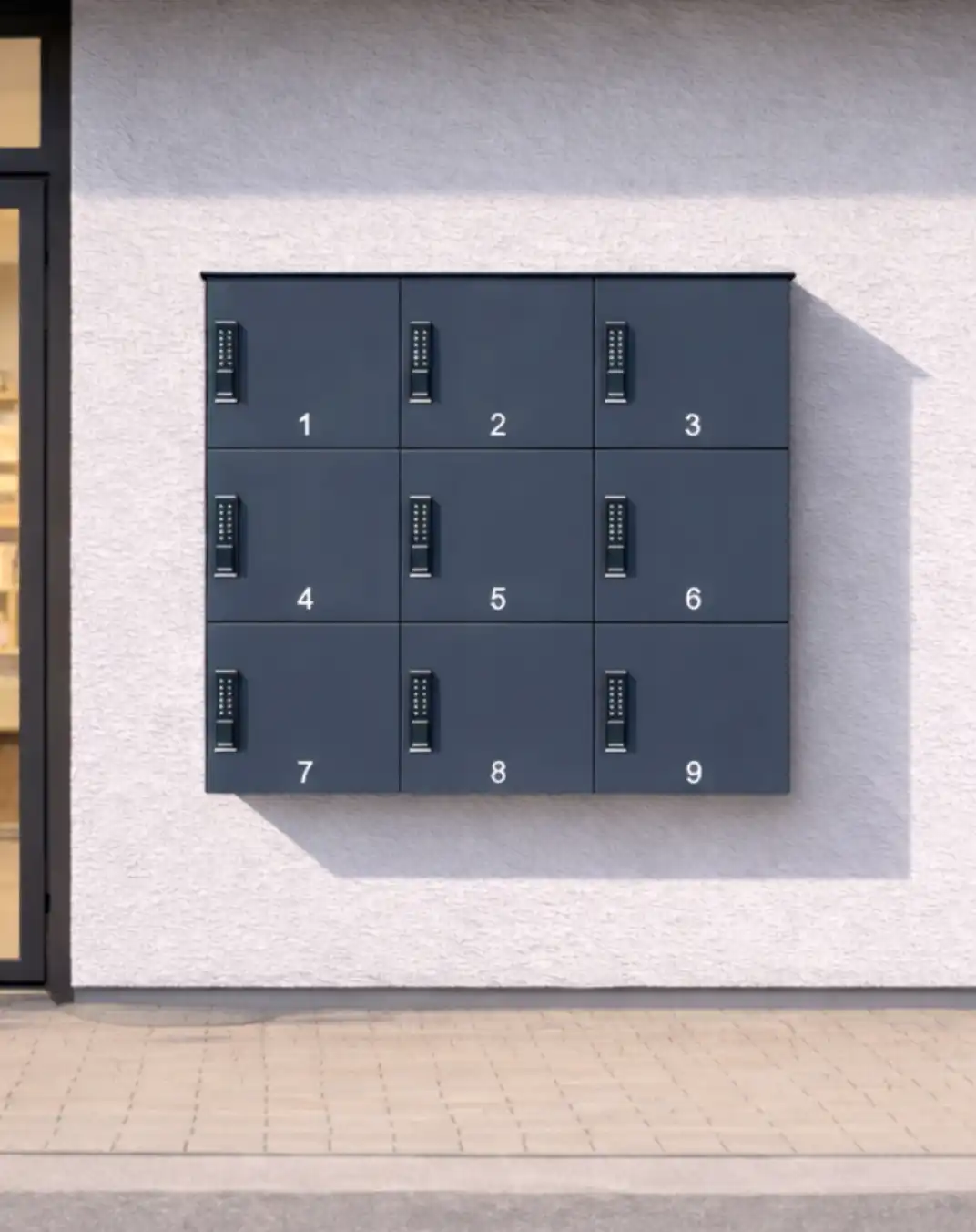 Click & Collect Abholstation für Gewerbe mit neun Fächern in Anthrazit vor einem Geschäft. Sichere Abholung 24/7 mit Codeschlössern.
