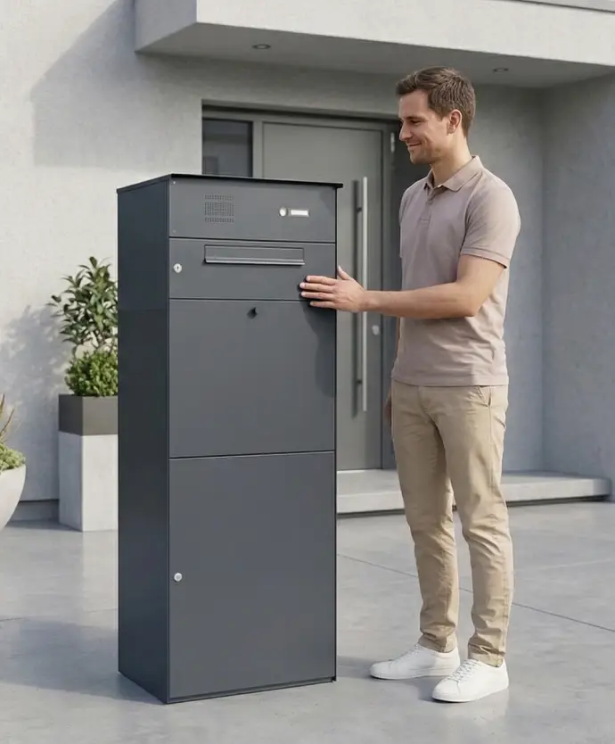 KNOBLOCH Paketbox wird von einem jungen Mann vor dem Hauseingang positioniert. Lieferung bereits fertig montiert.