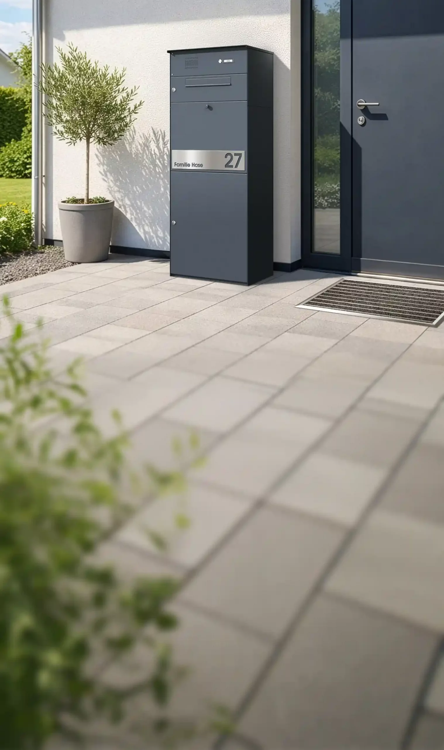 Paketbox mit Briefkasten und Klingel für den Hauseingang in Anthrazit mit Edelstahl Beschriftung