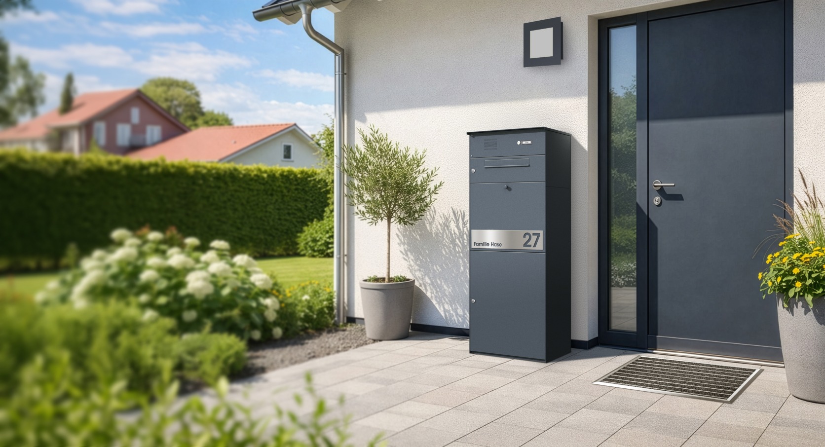 Paketbox mit Briefkasten und Klingel für den Hauseingang in Anthrazit mit Edelstahl Beschriftung