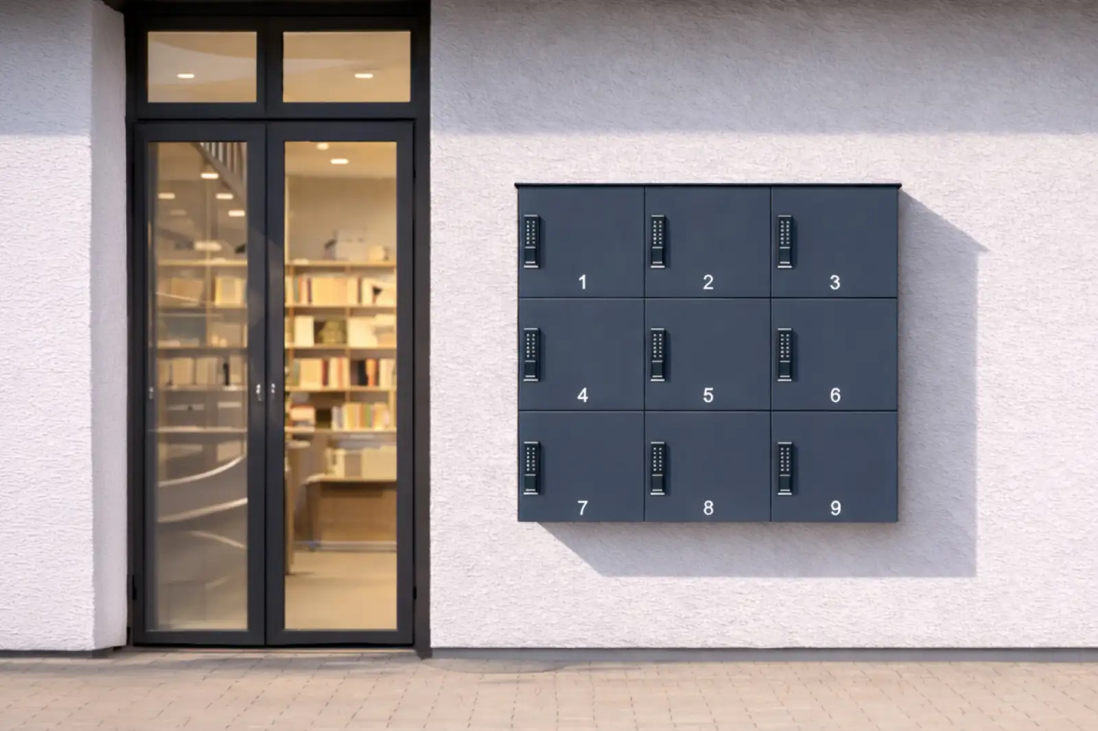 Click & Collect Abholstation für Gewerbe mit neun Fächern in Anthrazit vor einem Geschäft. Sichere Abholung 24/7 mit Codeschlössern.