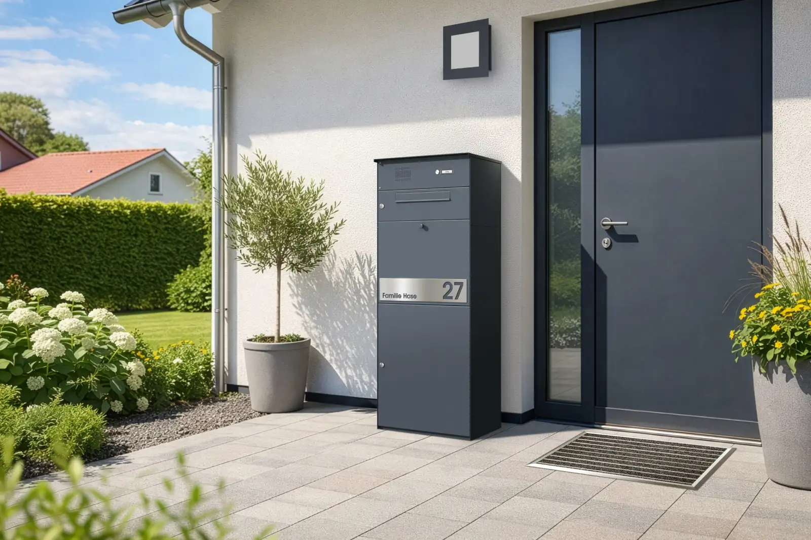 Paketbox mit Briefkasten und Klingel für den Hauseingang in Anthrazit mit Edelstahl Beschriftung